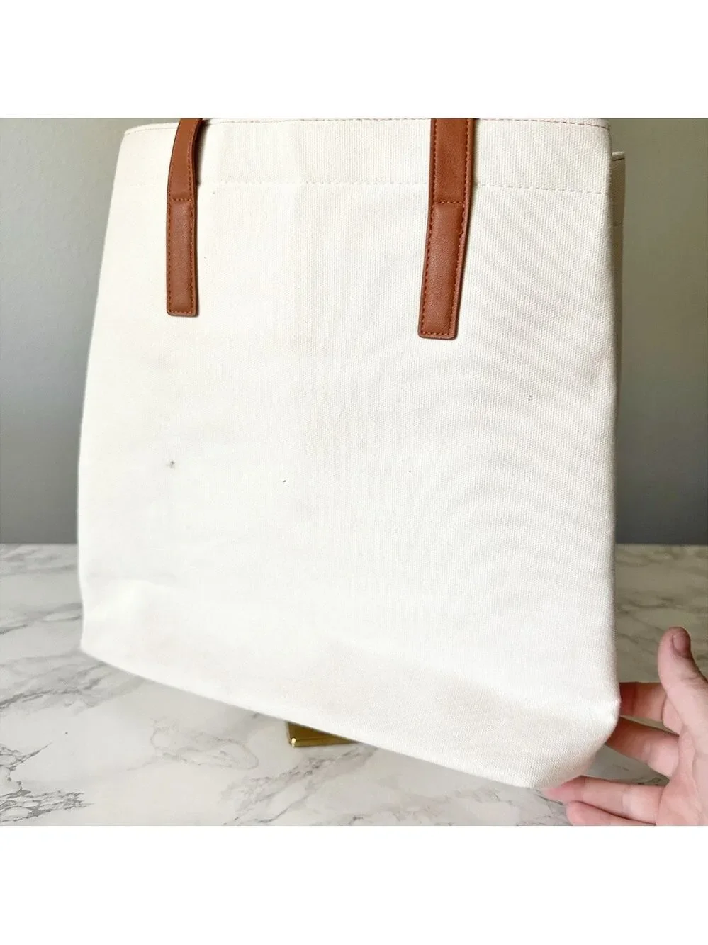 MICHAEL Michael Kors White Canvas Shoppers Tote with Brown Straps